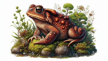 3D rendering of a toad sitting on moss covered rocks.