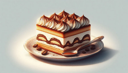 Delicious tiramisu cake on a plate, 3d illustration
