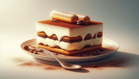 Tasty tiramisu cake on plate. Toned image.