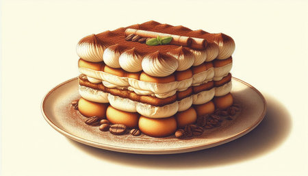 Tiramisu cake on a plate with coffee beans. Toned.