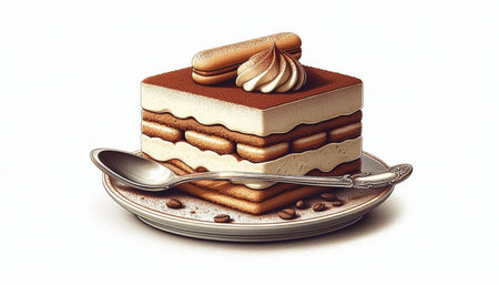 Tiramisu cake on a saucer with a spoon on a white background