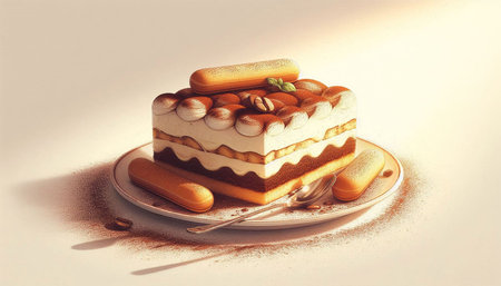 Tiramisu cake with coffee beans and macaroons on white background