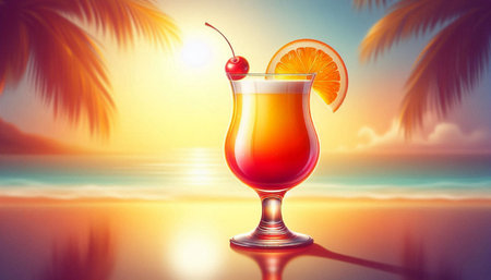 Cocktail with a slice of orange and a cherry on the beach
