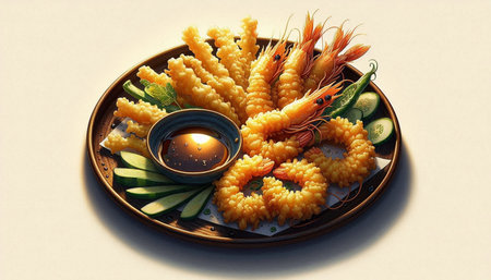 Illustration of Deep Fried Shrimps with Vegetables and Candleの写真素材