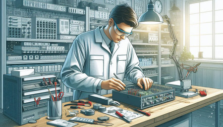 Technician repairing a computer. 3d rendering toned image double exposure