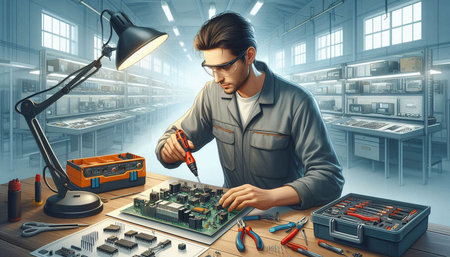 Technician repairing electronic circuit with soldering iron. 3d rendering