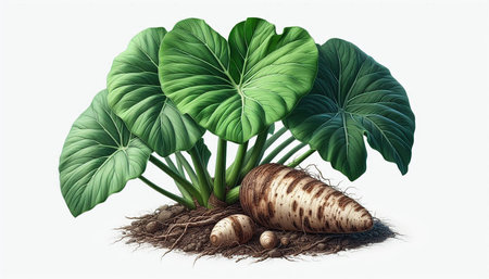 Illustration of a Colocasia esculenta with roots and leavesの写真素材