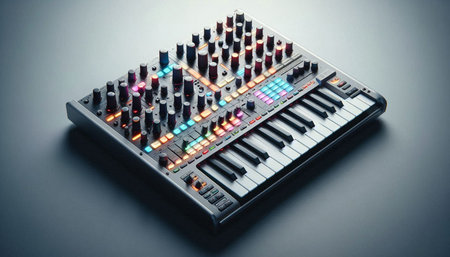Closeup view of electronic synthesizer with colorful lights on grey background