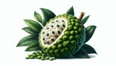 Custard apple with leaves isolated on white background. Vector illustration.