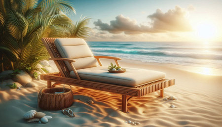 Wooden deck chair on the beach at sunset. 3d renderingの写真素材