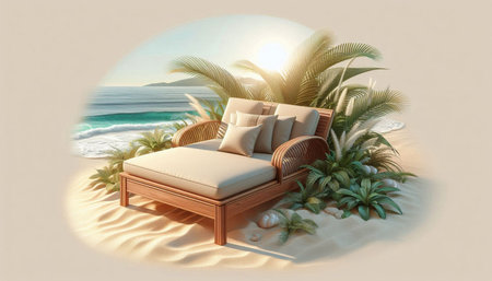 Comfortable sofa on the beach. Summer vacation concept. 3D rendering