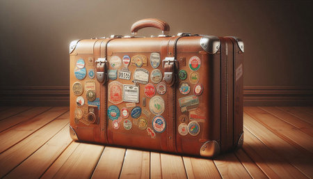 Vintage suitcase on a wooden floor. Travel concept. 3D Renderingの写真素材