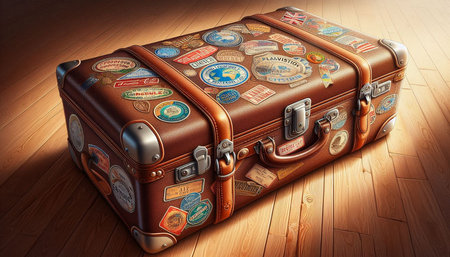 Vintage suitcase on wooden background. 3D illustration. Vintage style.