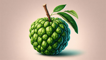 Custard apple with green leaves, 3d illustration, horizontal