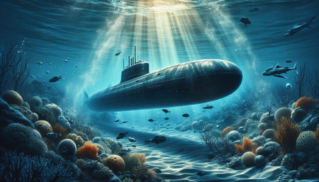 Submarine in underwater world. 3d rendering. Computer digital drawing.