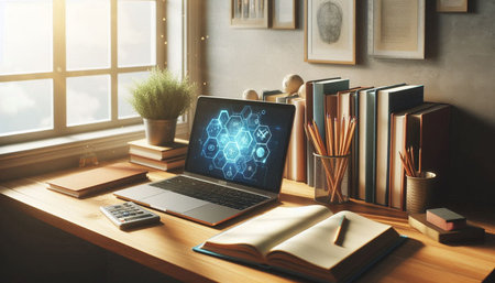 Modern workplace with laptop, books and coffee cup. 3D Rendering