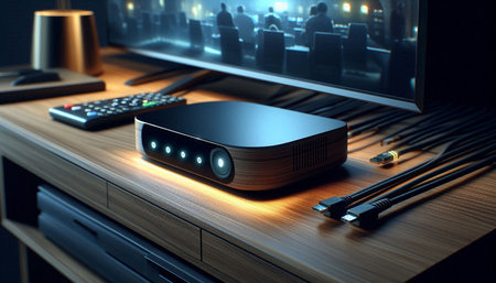 Wireless router on a wooden table. 3d rendering image.