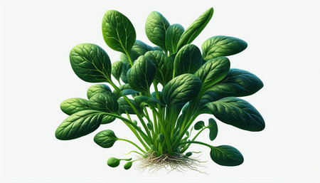 Illustration of a spinach plant with roots on a white background.