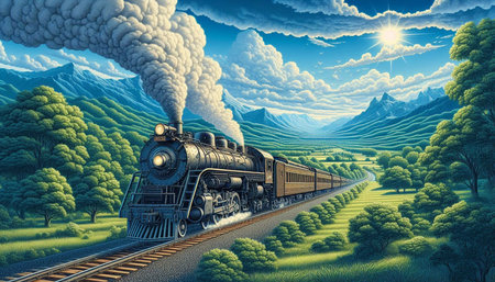 Steam locomotive in the mountains. 3d illustration. Digital painting.