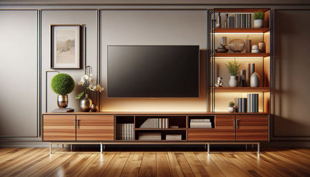 TV cabinet in modern living room interior with bookshelf. 3D renderingの写真素材