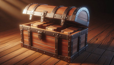 Treasure chest on a wooden floor. 3d render illustration.
