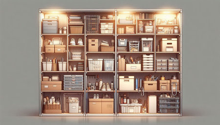 3d rendering of a bookcase full of books and office supplies