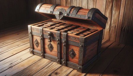 Wooden treasure chest on a wooden background. 3d illustration.の写真素材