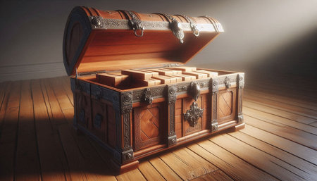 Treasure chest on a wooden floor in an empty room. 3d render