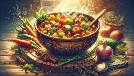 Beef stew with vegetables in a bowl on a wooden background.