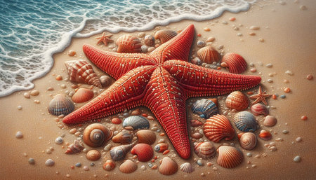 Starfish and seashells on sandy beach. 3d render