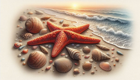 Starfish and seashells on the beach at sunset. 3d illustration