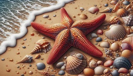 Starfish and seashells on the beach. 3d illustration