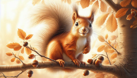 Squirrel sitting on a tree branch in autumn forest. 3d renderの写真素材