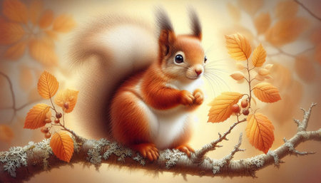 Cute red squirrel sits on a branch with yellow autumn leaves.の写真素材