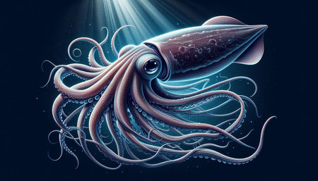 Illustration of a blue octopus with rays of light on a dark backgroundの写真素材