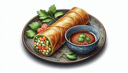 Illustration of spring rolls with vegetables and sauce on a plate.