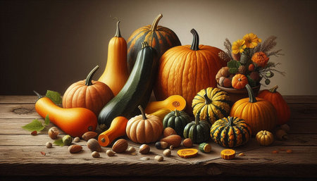 Autumn still life with pumpkins and other vegetables on wooden table