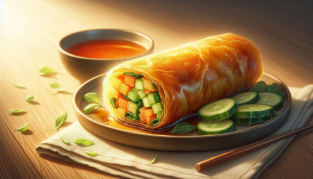 Spring rolls with cucumber, carrot and lettuce on a wooden plate