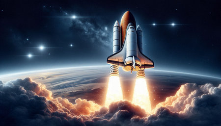 Space shuttle taking off. Mixed media. Mixed media. Mixed media