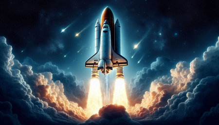 Space shuttle taking off into space. Mixed media. 3D rendering