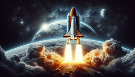 Space shuttle taking off from the planet. Mixed media. Mixed media