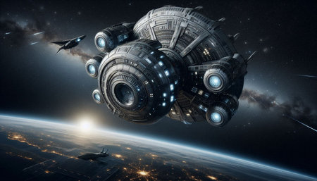 Spaceship flying in space. Science fiction. 3D renderingの写真素材