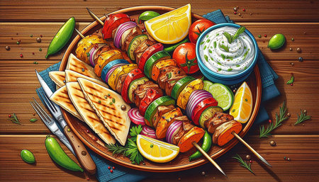 Grilled kebabs with vegetables on wooden background, top view