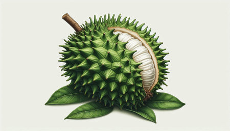 Fresh durian fruit with green leaves isolated on white background. Durian is the king of fruit.