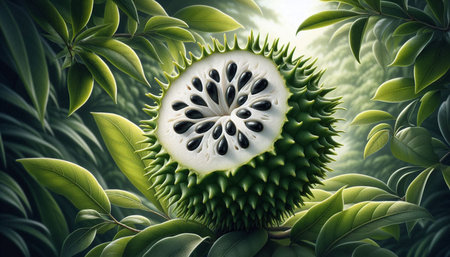 Soursop fruit on green leaves background. 3D illustration.