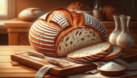 Sliced bread and wheat ears on wooden table in kitchen.
