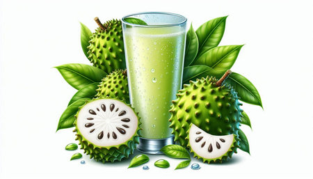 Noni fruit and juice in a glass with green leaves.