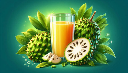 Fresh soursop juice in glass with green leaves and fruits vector illustration