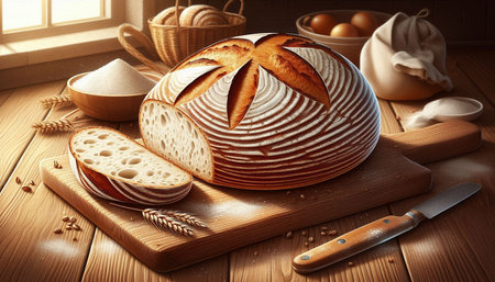 Composition with bread and wheat on wooden table. 3d render