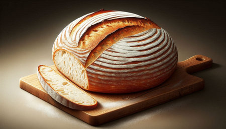 Freshly baked loaf of bread on a cutting board. Toned.